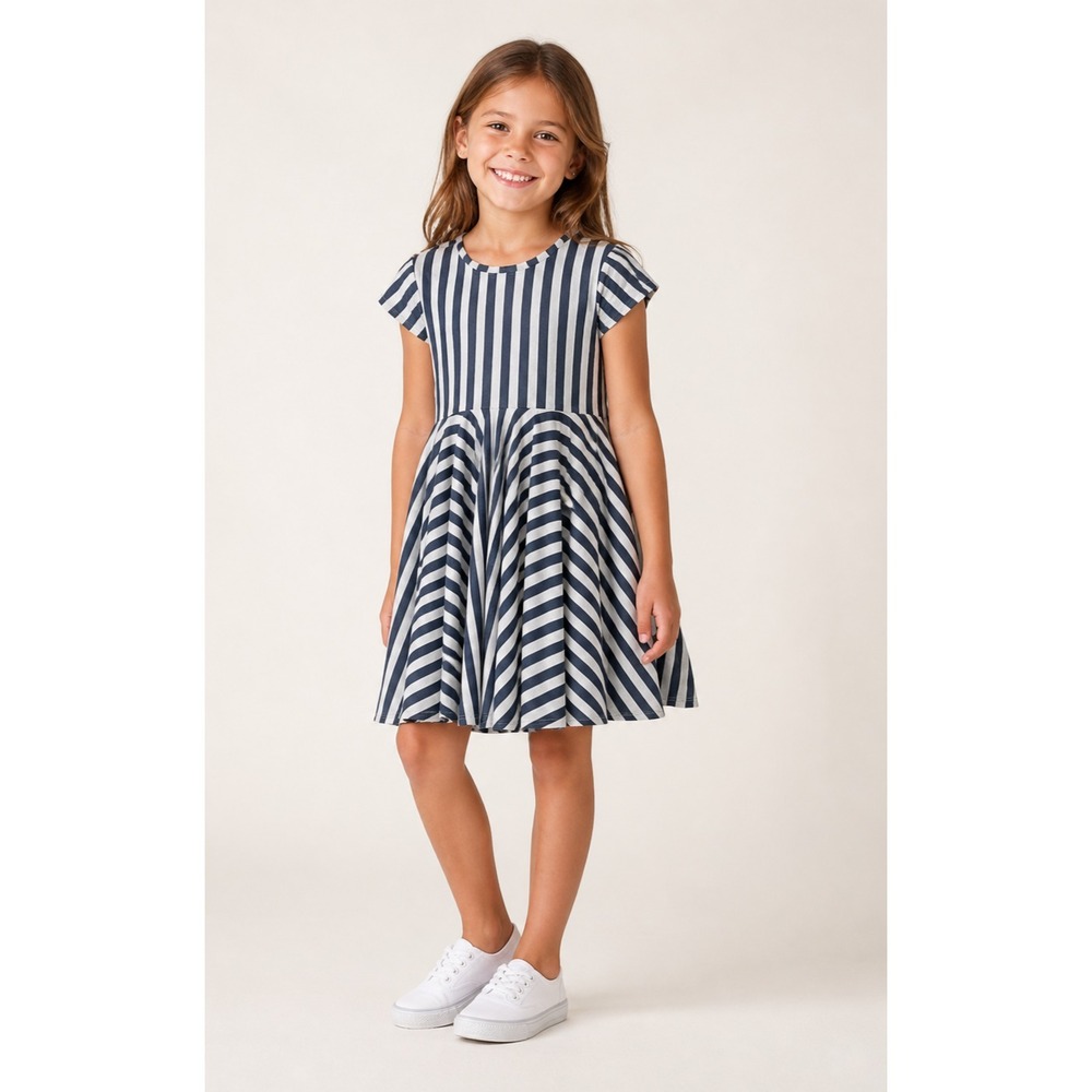 James Vincent Dress Girls 8 Gray‎ White Stripe Cotton Button Back NEW